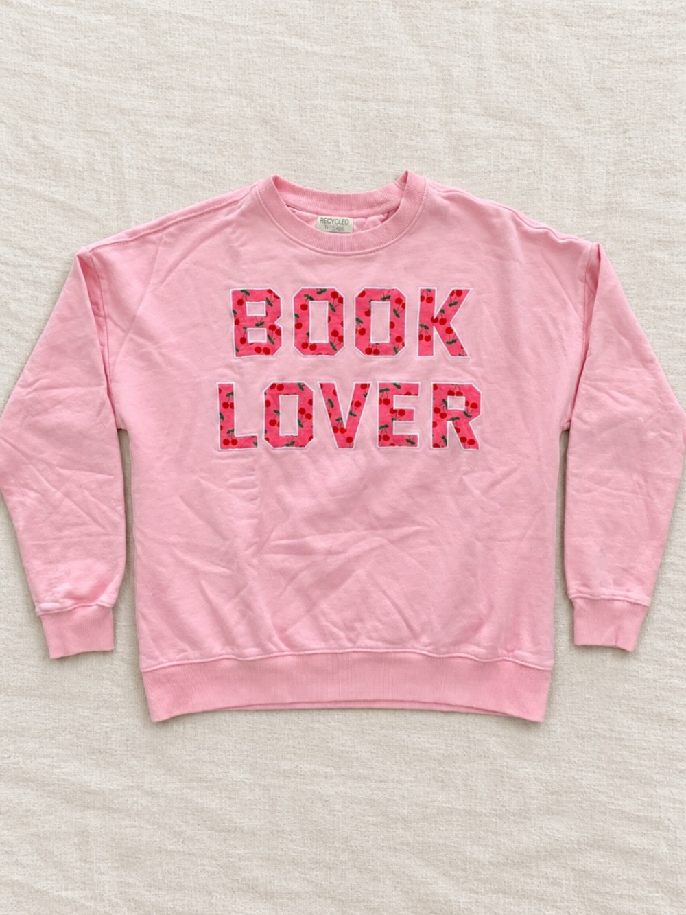 Recycled Threads Pink Book Lover Cherry Appliqué Sweatshirt L
